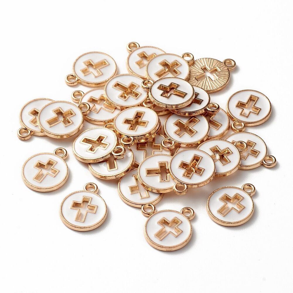 4994 100 Pcs Golden Color Flat Round with Cross Enamel Alloy Charms Jesus